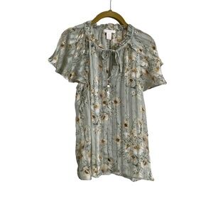 H&M Light Green Floral Tie Neck Blouse 10